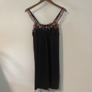 Soma Babydoll Chemise Embroidered Flowers Black Mesh Size Small Adjustable Strap
